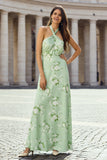 Floral Sage Sheath Halter Backless Long Wedding Guest Dress