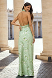 Floral Sage Sheath Halter Backless Long Wedding Guest Dress