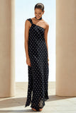 Black and White Polka Dots One Shoulder Long Wedding Guest Dress