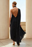 Black and White Polka Dots One Shoulder Long Wedding Guest Dress
