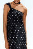 Black and White Polka Dots One Shoulder Long Wedding Guest Dress