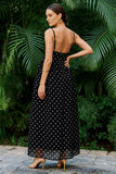 Black and White Polka Dots A Line Long Wedding Guest Dress
