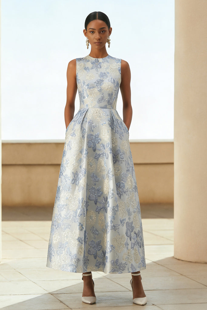 Zapakasa Women Floral Dusty Blue Jacquard Long Wedding Guest Dress with