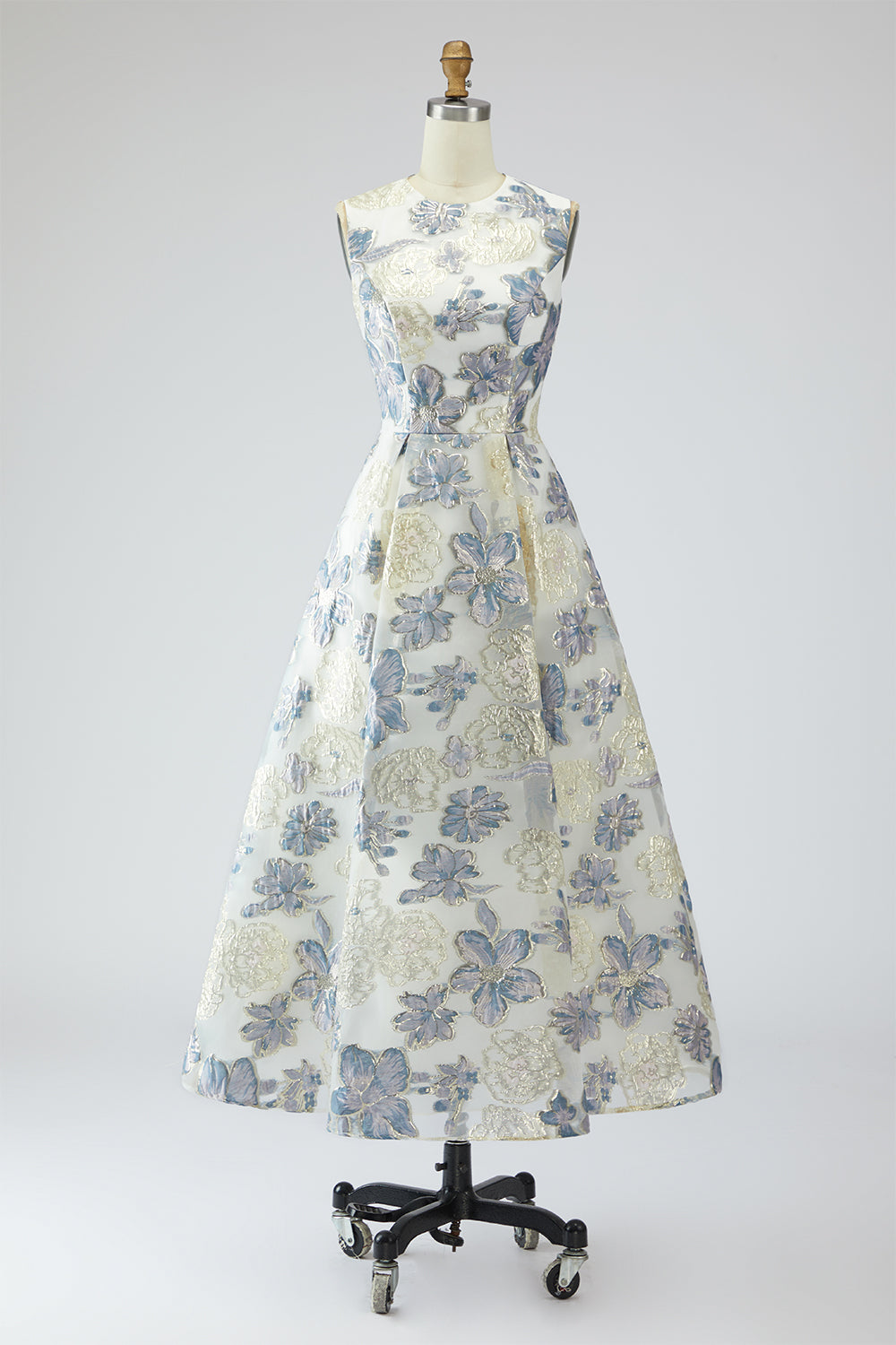 Zapakasa Women Floral Dusty Blue Jacquard Long Wedding Guest Dress with Pocket Sleeveless A Line Crew Neck Formal Dress Zapakasa Women Floral Dusty Blue Jacquard Long Wedding Guest Dress with Pocket Sleeveless A Line Crew Neck Formal Dress