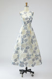 Floral Dusty Blue A Line Jacquard Sleeveless Long Wedding Guest Dress with Pocket