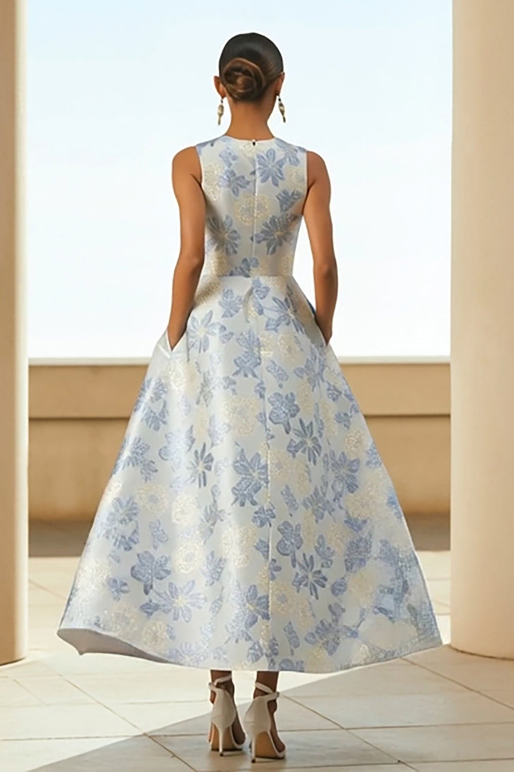 Floral Dusty Blue A Line Jacquard Long Wedding Guest Dress