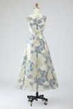 Floral Dusty Blue A Line Jacquard Sleeveless Long Wedding Guest Dress with Pocket