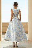 Floral Dusty Blue A Line Jacquard Long Wedding Guest Dress
