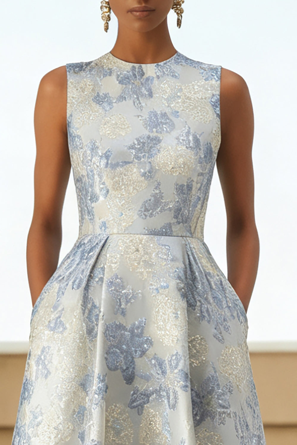 Floral Dusty Blue A Line Jacquard Long Wedding Guest Dress