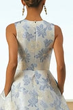 Floral Dusty Blue A Line Jacquard Long Wedding Guest Dress