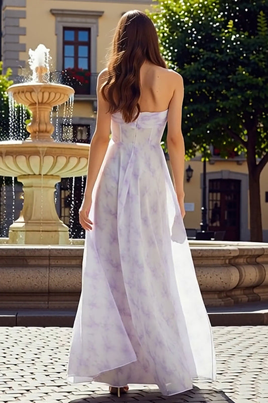 Floral Lilac Strapless Sheath Long Corset Wedding Guest Dress