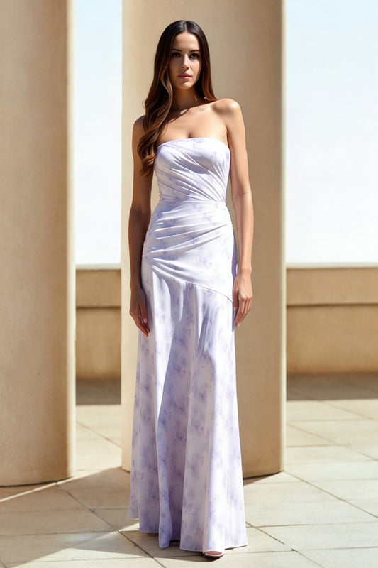 Floral Lilac Strapless Ruched Long Wedding Guest Dress