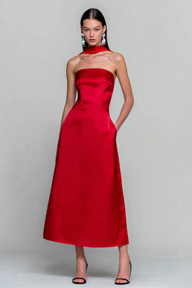 Red Satin Strapless Neck Scarf Long Wedding Guest Dress