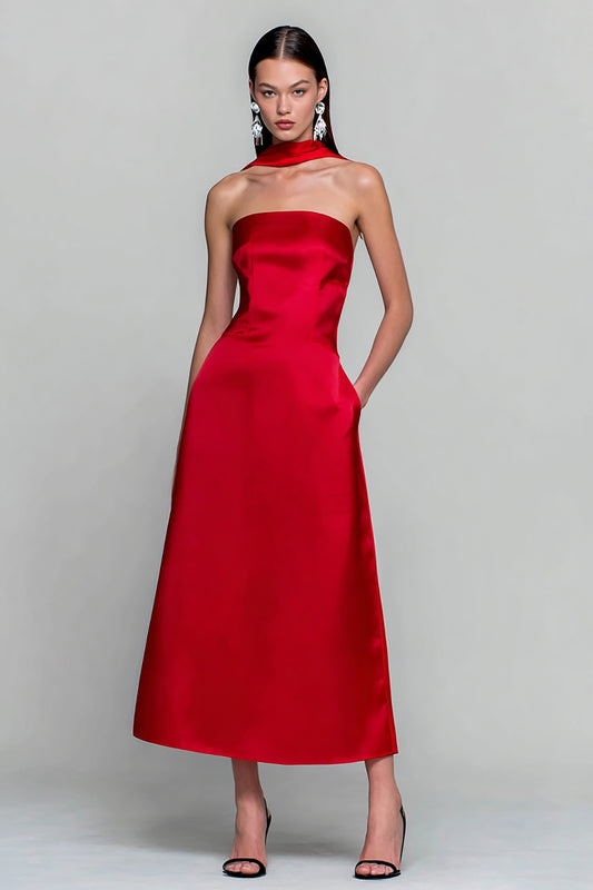 Red Satin Strapless Neck Scarf Long Wedding Guest Dress