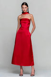 Red Satin Strapless Neck Scarf Long Wedding Guest Dress