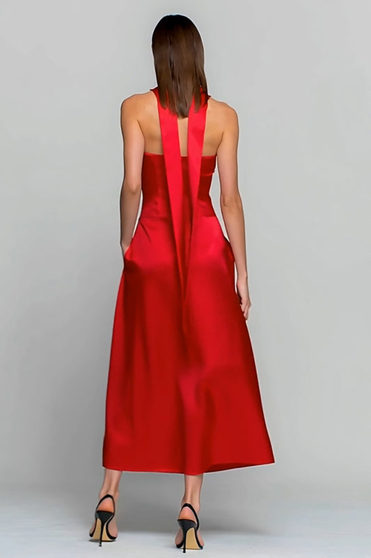 Red Satin Strapless Neck Scarf Long Wedding Guest Dress