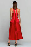Red Satin Strapless Neck Scarf Long Wedding Guest Dress