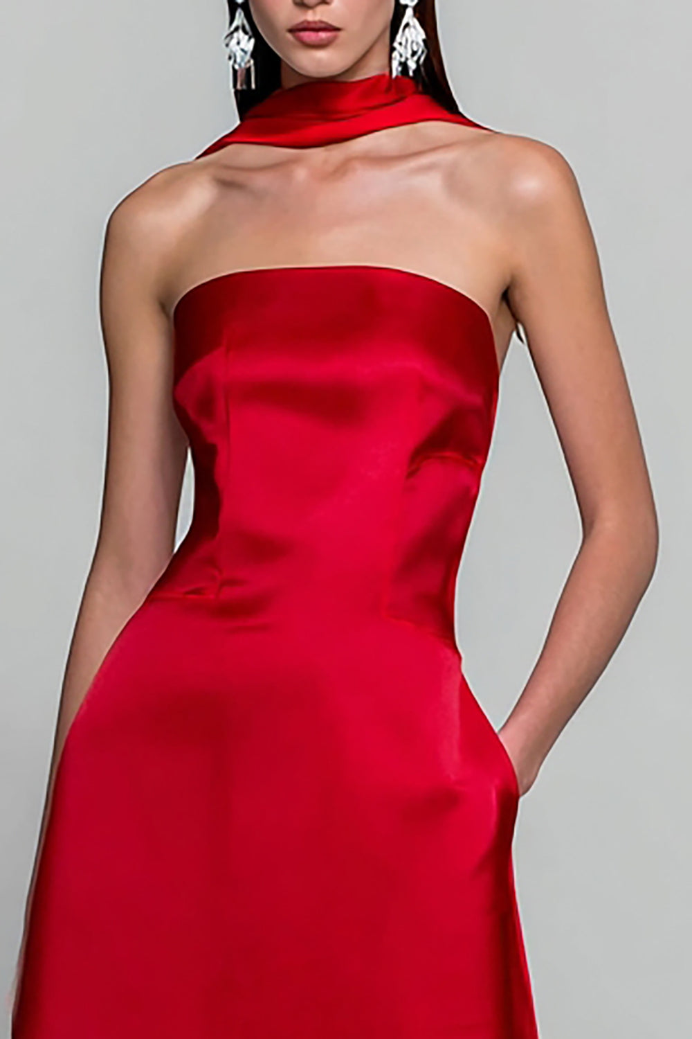 Red Satin Strapless Neck Scarf Long Wedding Guest Dress