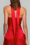 Red Satin Strapless Neck Scarf Long Wedding Guest Dress