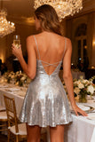 Sparkly Silver A-Line Sequin Spaghetti Straps Short Cocktail Dress