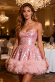 Sparkly Pink Sequin A-Line Sweetheart Short Cocktail Dress with Feather