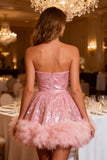 Sparkly Pink Sequin A-Line Sweetheart Short Cocktail Dress with Feather