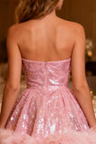 Sparkly Pink Sequin A-Line Sweetheart Short Cocktail Dress with Feather