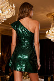 Sparkly Dark Green Bodycon Sequin Short Cocktail Dress with Sash