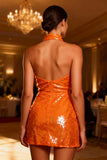 Sparkly Orange Sequin Bodycon Backless Short Cocktail Dress