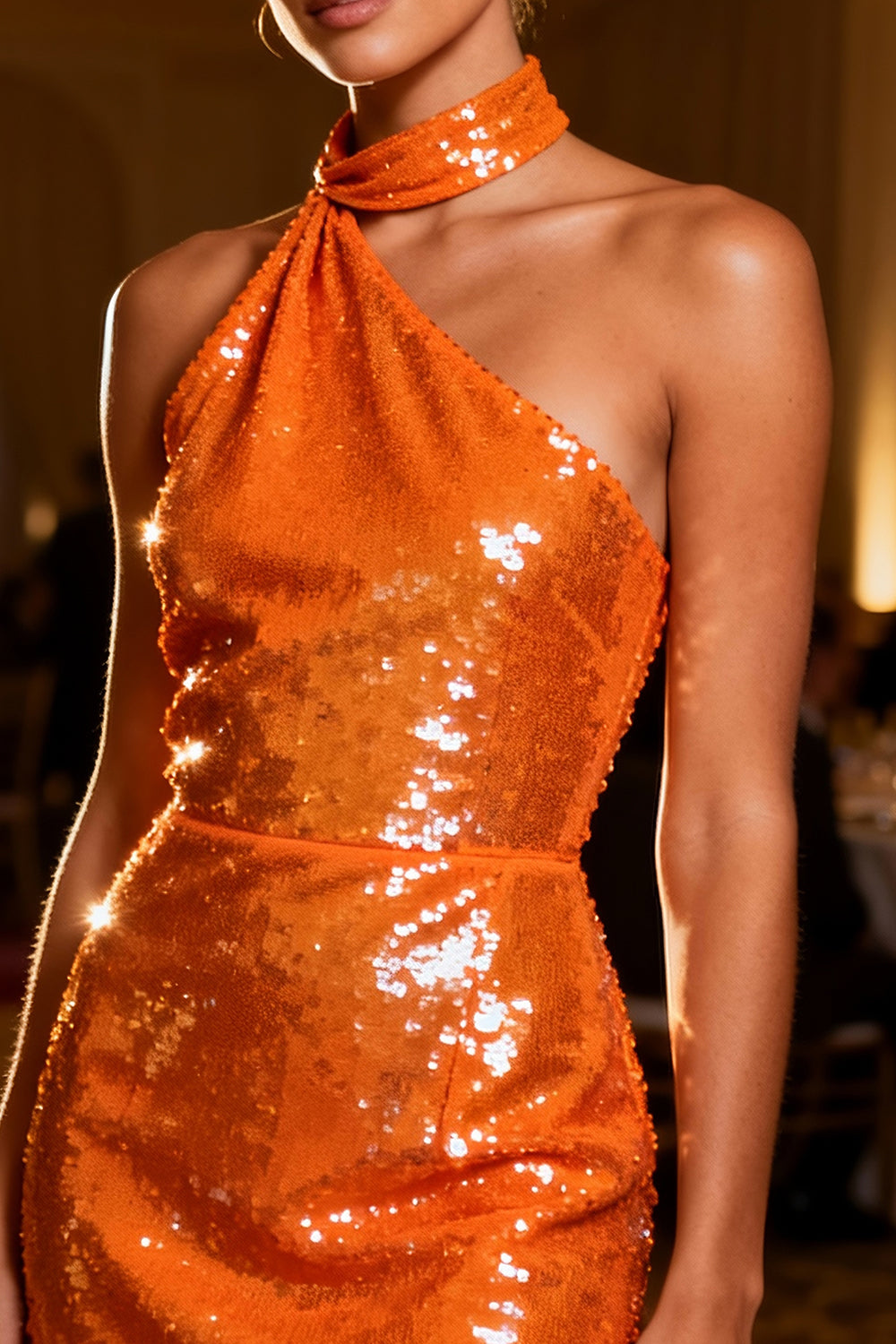 Sparkly Orange Sequin Bodycon Backless Short Cocktail Dress