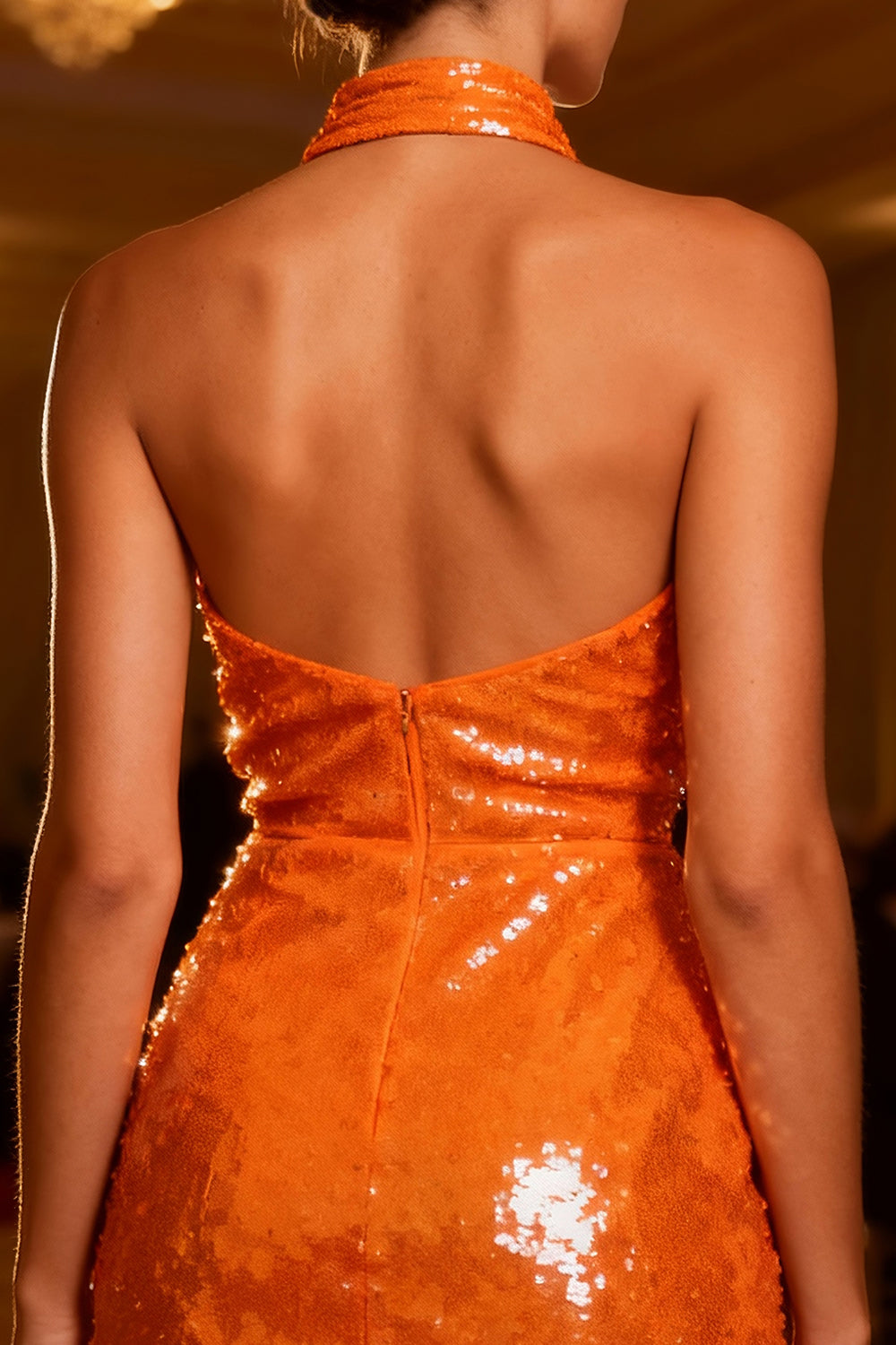 Sparkly Orange Sequin Bodycon Backless Short Cocktail Dress