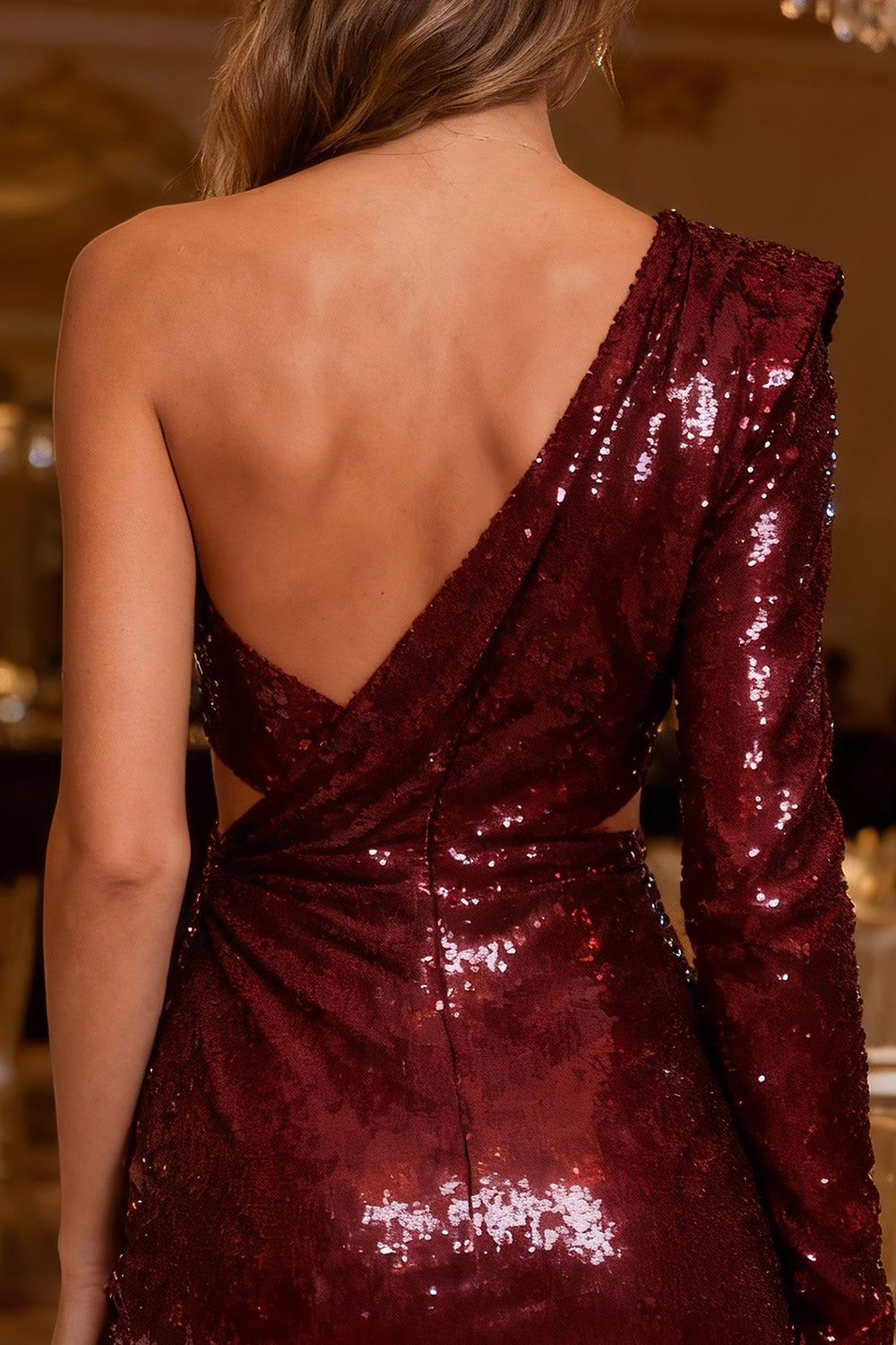 Sparkly Burgundy Bodycon Sequin Cut Out Short Cocktail Dress
