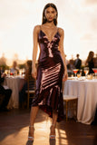 Sparkly Burgundy V-Neck Sequin Midi Holiday Party Dress with Ruffles