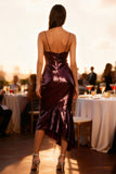 Sparkly Burgundy V-Neck Sequin Midi Holiday Party Dress with Ruffles