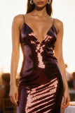 Sparkly Burgundy V-Neck Sequin Midi Holiday Party Dress with Ruffles