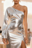 Sparkly Silver Sheath Sequin Long Holiday Party Dress with Sleeves