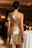 Sparkly Gold One Shoulder Sequin Short Cocktail Dress
