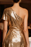 Sparkly Gold One Shoulder Sequin Short Cocktail Dress