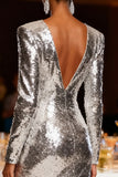 Sparkly Silver Sequin Mermaid Long Sleeves Holiday Party Dress with Slit