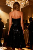 Sweetheart Sparkly Black Sequin A Line Short Corset Cocktail Dress
