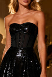 Sweetheart Sparkly Black Sequin A Line Short Corset Cocktail Dress