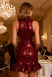 Sparkly Burgundy Sequin Bodycon Short Cocktail Dress with Ruffles