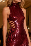 Sparkly Burgundy Sequin Bodycon Short Cocktail Dress with Ruffles