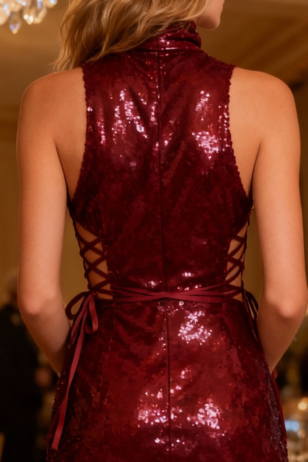 Sparkly Burgundy Sequin Bodycon Short Cocktail Dress with Ruffles