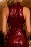 Sparkly Burgundy Sequin Bodycon Short Cocktail Dress with Ruffles