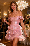 Sparkly Pink Sequin Tiered Short Cocktail Dress with Ruffles