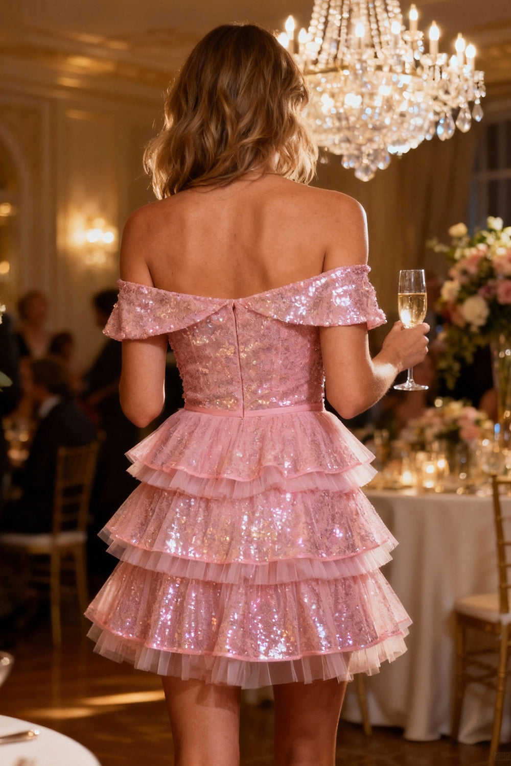 Sparkly Pink Sequin Tiered Short Cocktail Dress with Ruffles