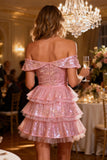 Sparkly Pink Sequin Tiered Short Cocktail Dress with Ruffles