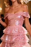 Sparkly Pink Sequin Tiered Short Cocktail Dress with Ruffles
