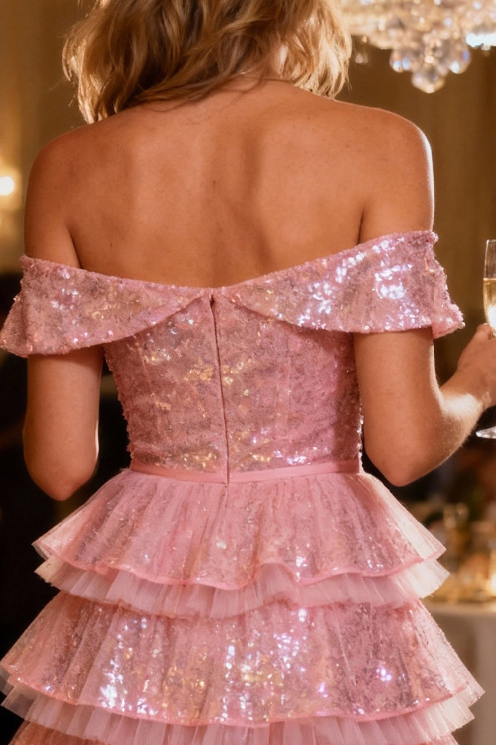 Zapakasa Women Sparkly Pink Sequin Short Cocktail Dress with Ruffles